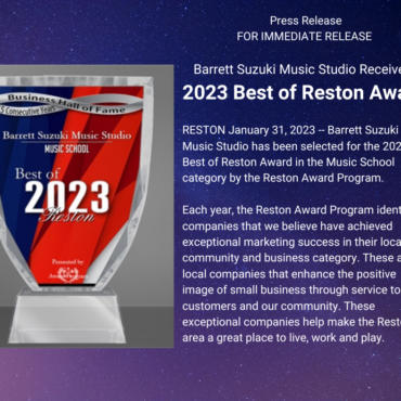Barrett Suzuki Music Studio Receives 2023 Best of Reston Award